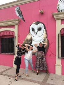 Three female students posed to resemble the large owl mural they are standing in front of. 
