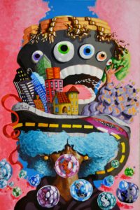 Painting of woman blowing bubbles while wearing tall and decorative top hat. 