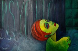 Painting of the upper back of a slender and sad woman in a steam filled shower. 