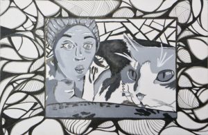 Painting of woman making a kissing face at her cat. 