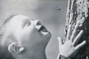 Photograph of little boy smiling looking upwards at a bug flying above.