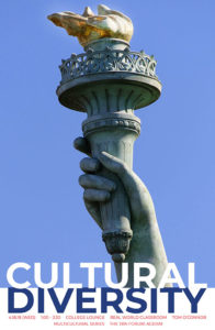 Cultural Diversity Day promotional poster of the Statue of Liberty's glowing torch. 