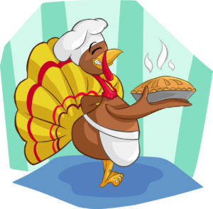 Cartoon turkey holding a steaming pie.