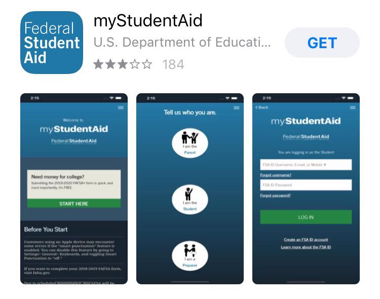 a screenshot of the Federal Student Aid app as seen from an iPhone when one searches for FAFSA.