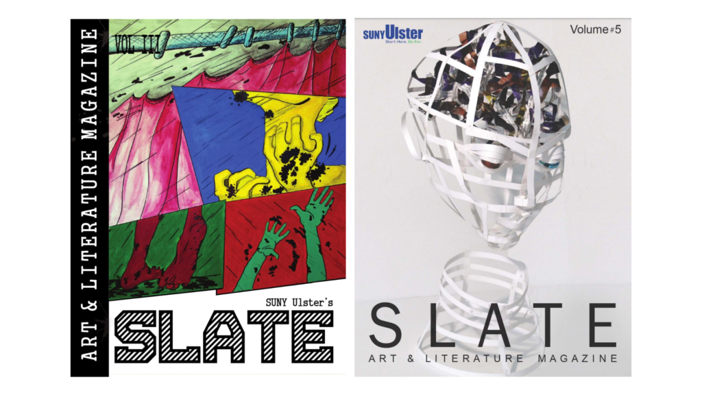 two magazine covers showing a head made from strips of white material and a comic book style collage
