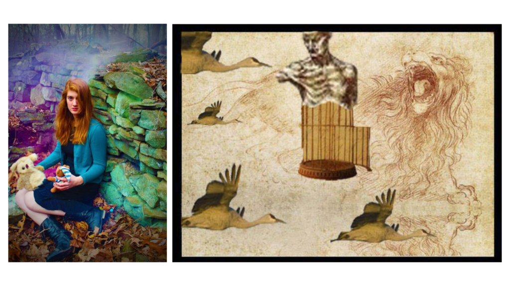 a photograph of a woman surrounded by colored rocks and smoke and a sketchbook page with human figure studies