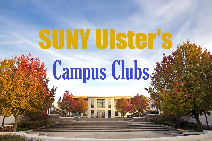 Front of library in fall with SUNY Ulster's campus clubs written in sky