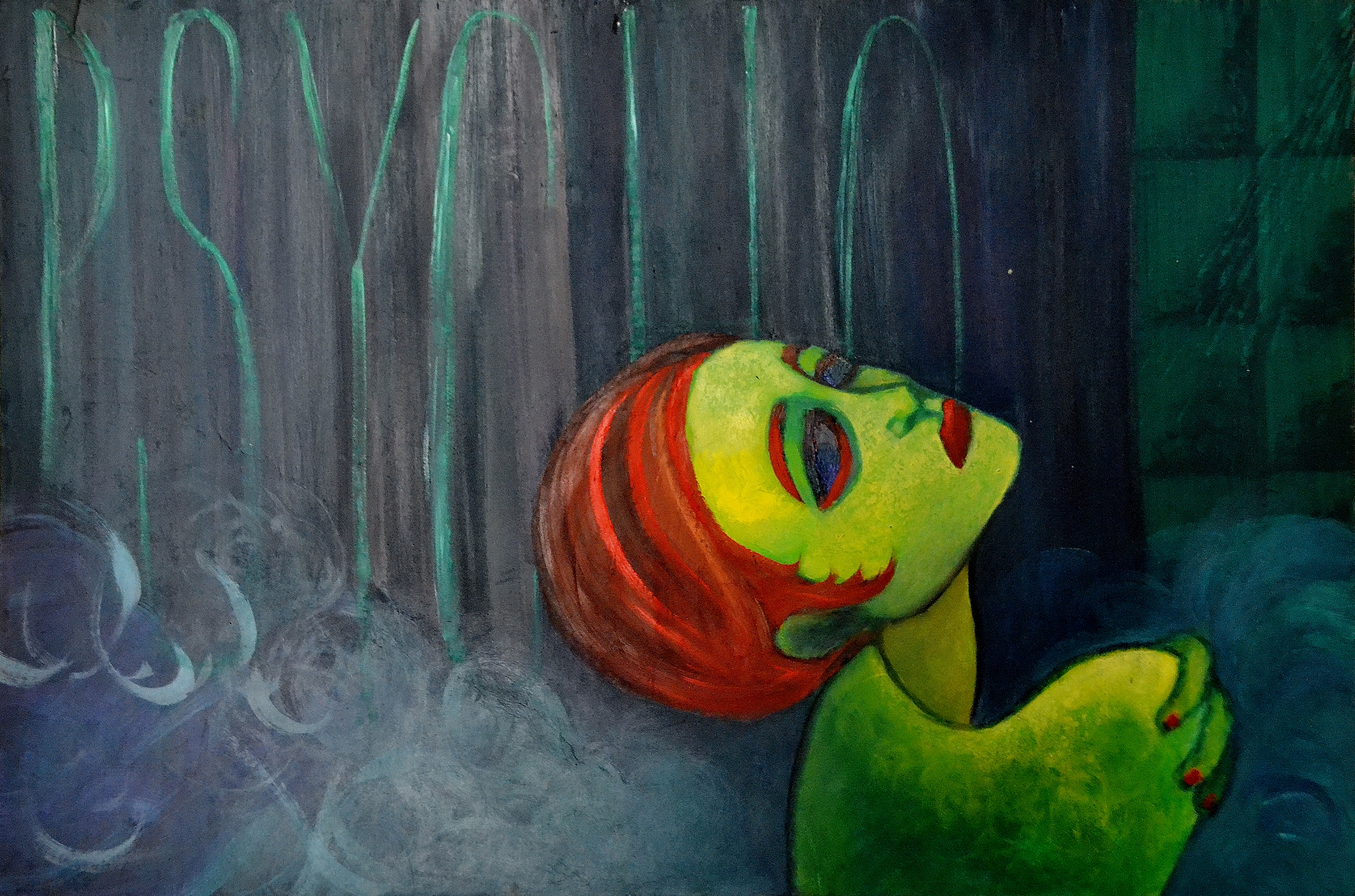 Painting of the upper back of a slender and sad woman in a steam filled shower.