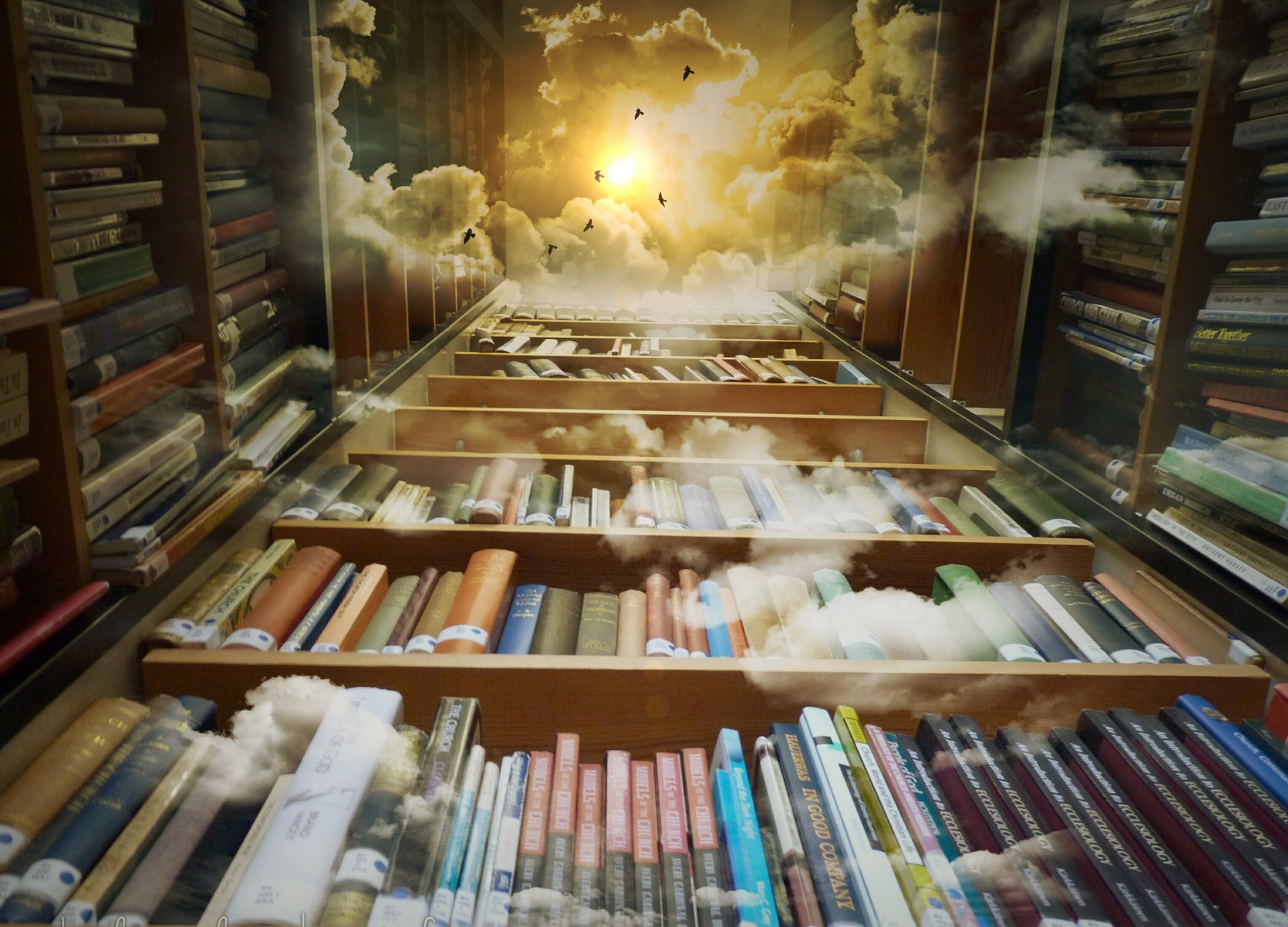 Three walls of books are shown leading up to a bright invisible sky, the book shelves are slightly covered by clouds and books protruding from the sky. It gives the viewer a feeling of standing in a library nook and looking up to see the heavens.