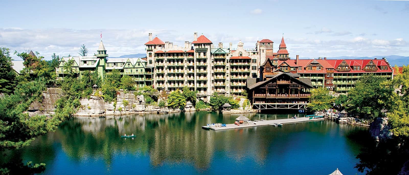 Mohonk Mountain House Hotel overlooking pond