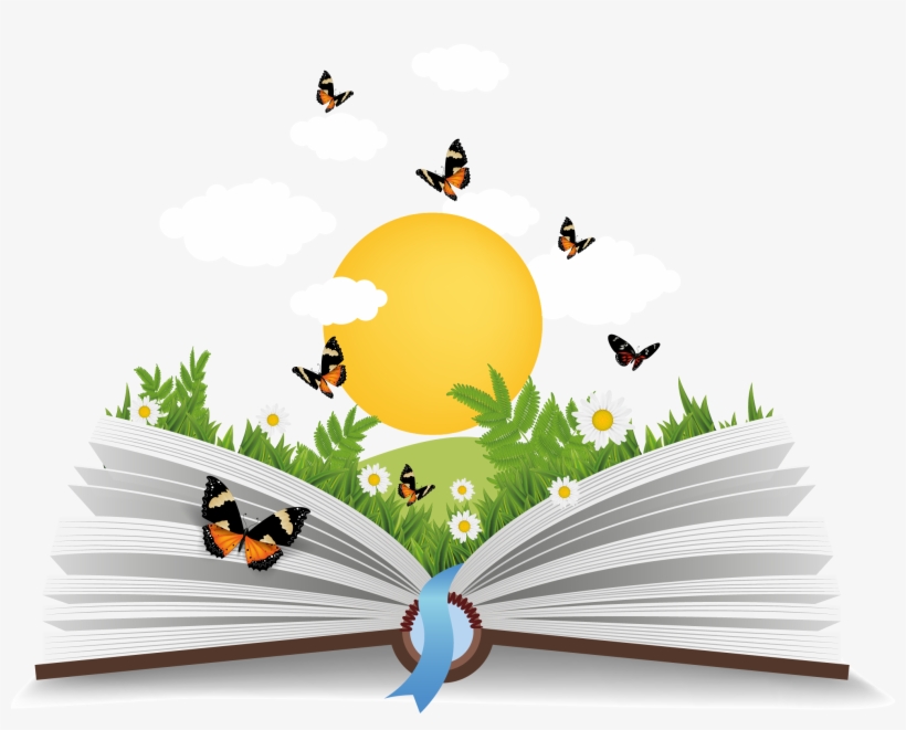 Illustration of open book with sun and plants in the background