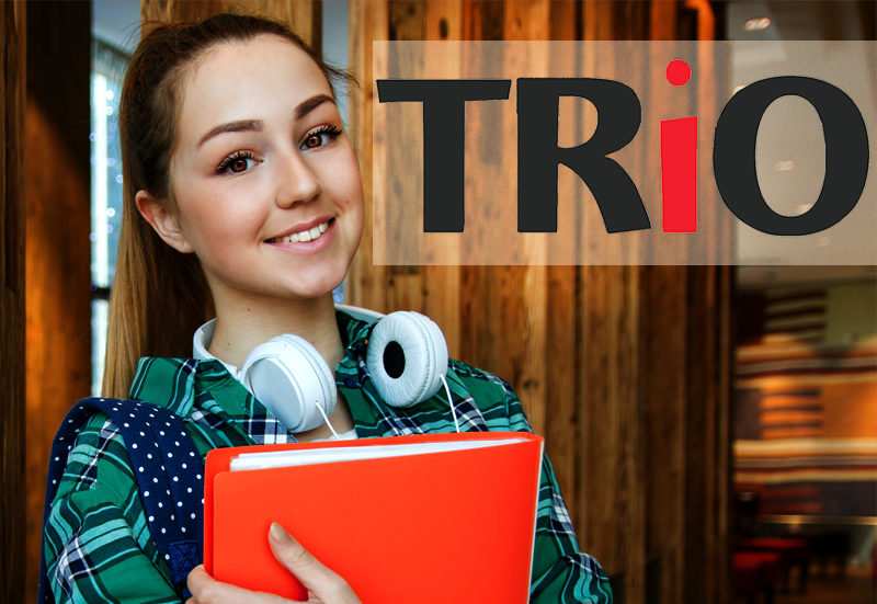 Gril with red notebook and TRIO logo