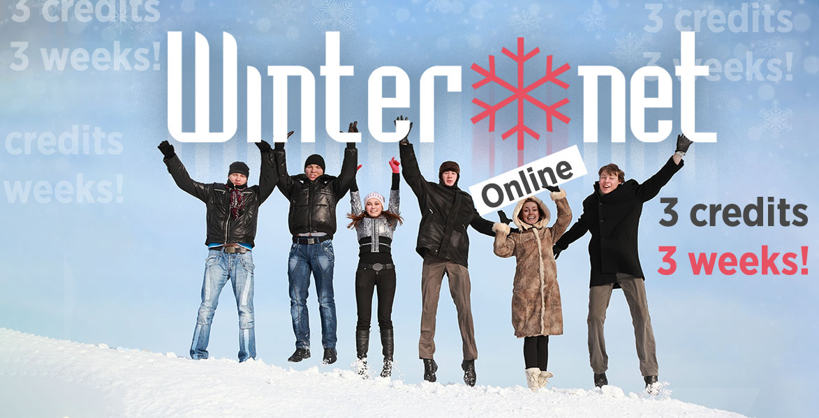 Students outside in snow with text overlay saying: Winternet, 3 credits, 3 weeks