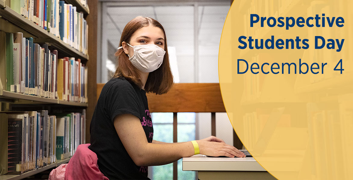 Student in Library with Text Overlay saying: Perspective Students Day