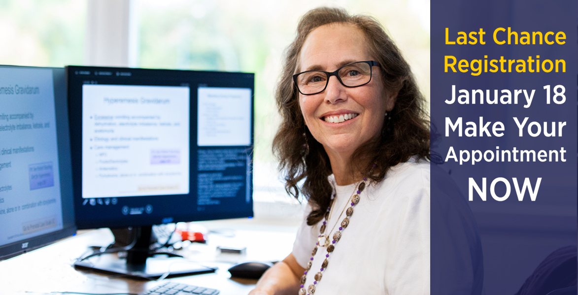 Student by computer next to text overlay saying: Last Chance to Register January 18th Make appointment Now!