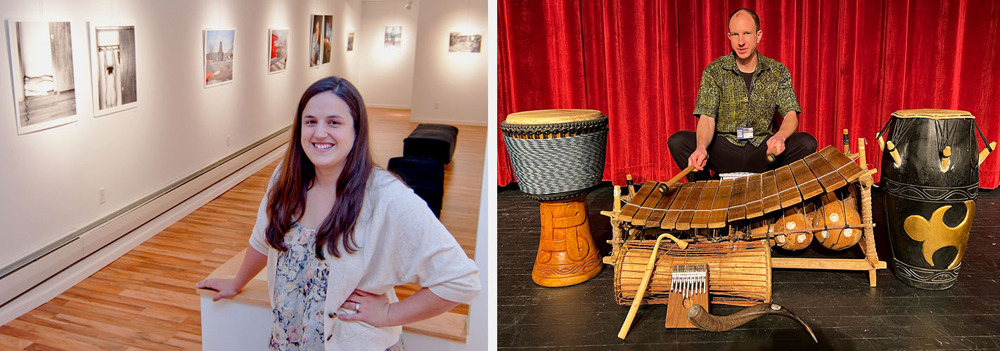 Alumni Arts students pose by their artwork and instruments
