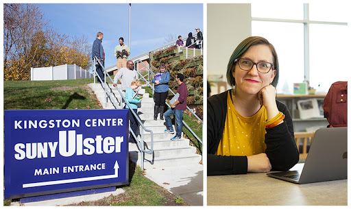 Collage of students standing on steps behind Kingston Center sign and a student with laptop leaning on her hand