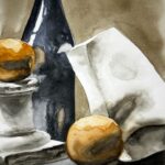 still life artwork of bottles and fruits