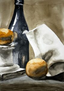 still life artwork of bottles and fruits